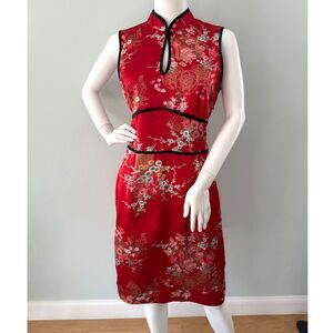 Vintage 90s Cheongsam Red Satin Asian Inspired Floral Dress Womens Size 10